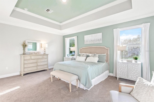 carpeted bedroom featuring a raised ceiling, multiple windows, and ornamental molding