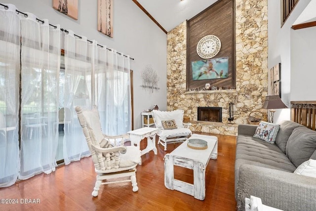 living room featuring high vaulted ceiling, wood finished floors, and a fireplace