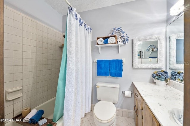 bathroom with vanity, shower / bathtub combination with curtain, a textured ceiling, tile patterned floors, and toilet