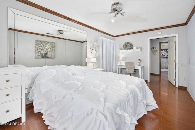 bedroom with ceiling fan, dark wood-style floors, baseboards, and ornamental molding