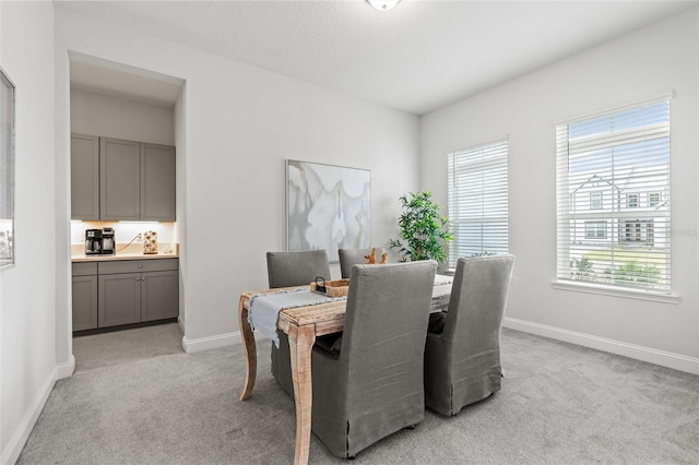 dining room featuring light carpet