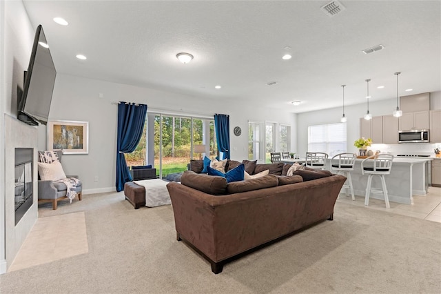 carpeted living room featuring a textured ceiling and a wealth of natural light