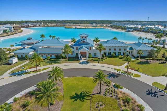 drone / aerial view with a water view