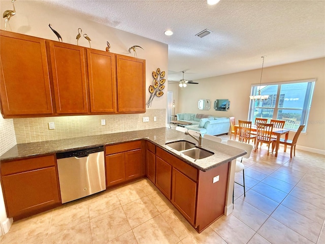 kitchen featuring ceiling fan, sink, stainless steel dishwasher, kitchen peninsula, and decorative light fixtures