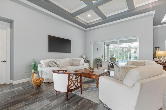 living room with crown molding, a towering ceiling, beamed ceiling, and coffered ceiling