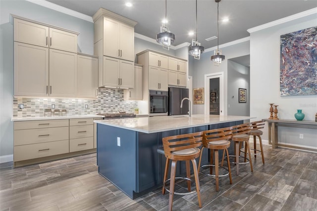 kitchen with crown molding, pendant lighting, an island with sink, and stainless steel appliances