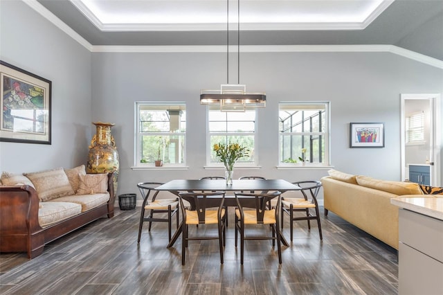 dining room with crown molding, dark wood-type flooring, lofted ceiling, and a notable chandelier