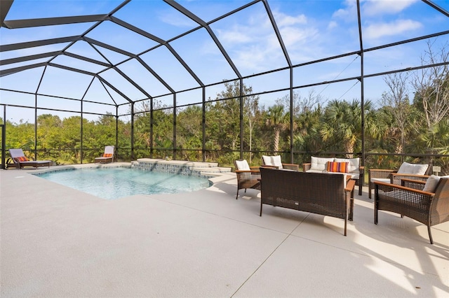 view of pool featuring an outdoor living space, pool water feature, a lanai, and a patio area