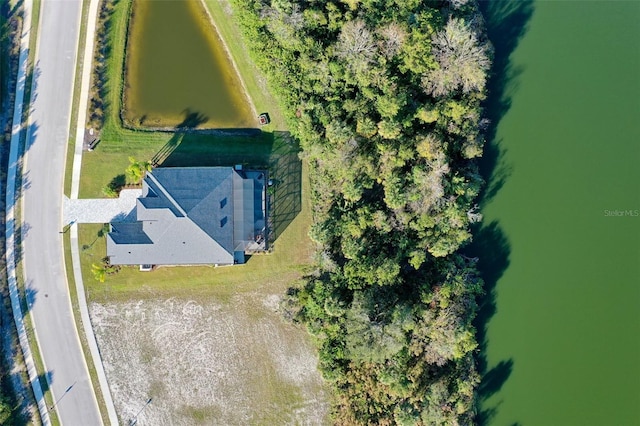 aerial view featuring a water view