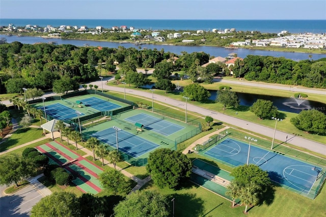 birds eye view of property featuring a water view