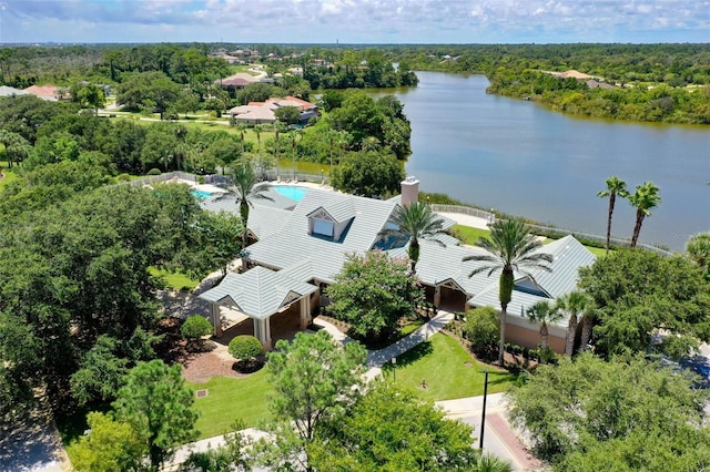 drone / aerial view with a water view