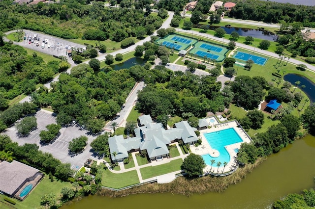 drone / aerial view with a water view