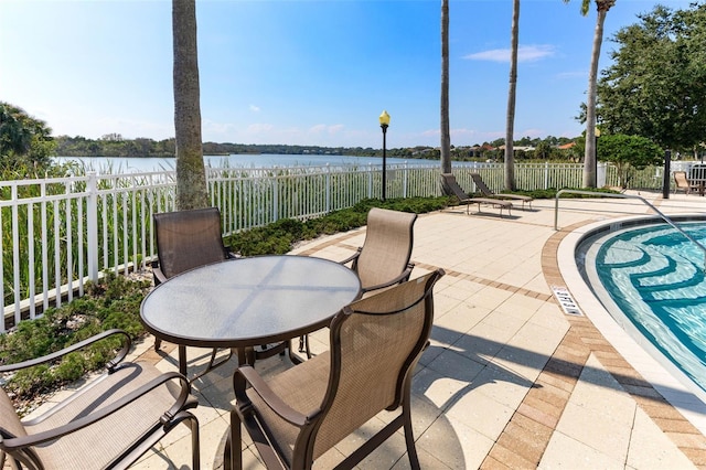 view of patio with a water view and a swimming pool