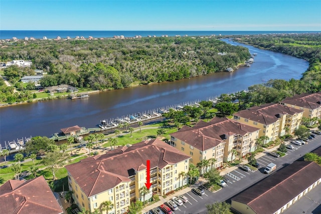 drone / aerial view featuring a water view