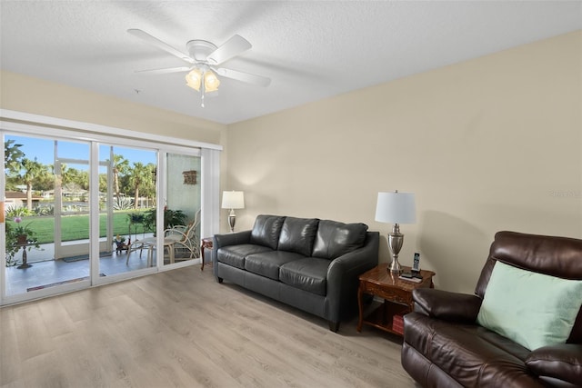 living room with ceiling fan, light hardwood / wood-style flooring, and a textured ceiling