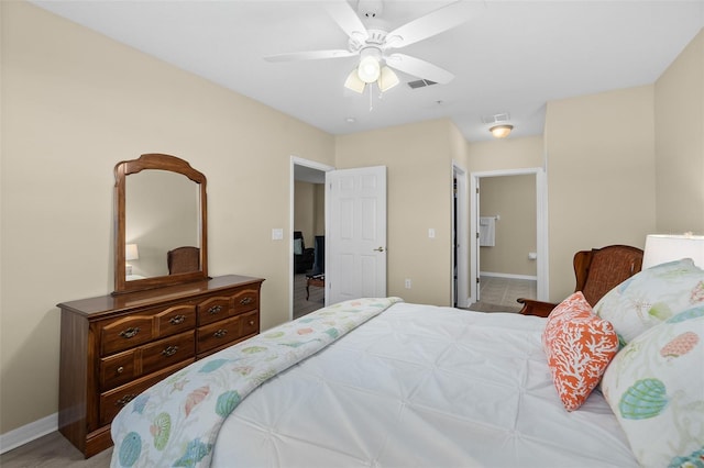 bedroom with ceiling fan and ensuite bath