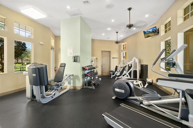 workout area featuring ceiling fan