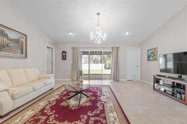 tiled living room with an inviting chandelier and vaulted ceiling