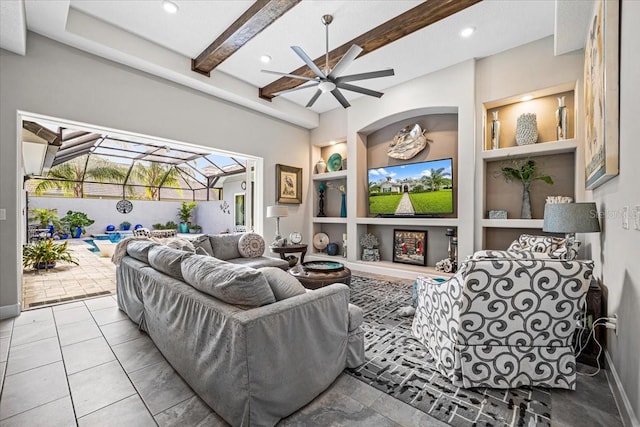 living room featuring beam ceiling, light tile patterned floors, built in features, and ceiling fan