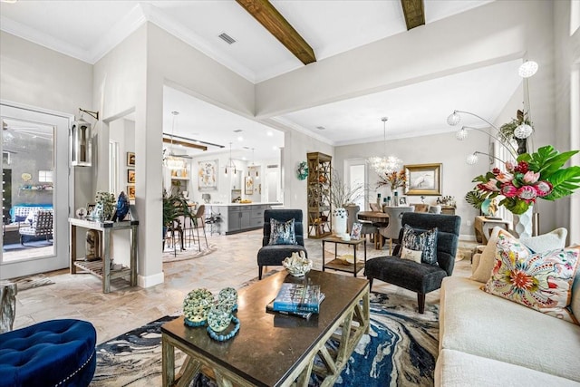 living room featuring a notable chandelier, beam ceiling, and ornamental molding