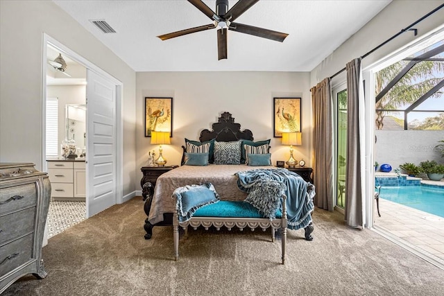 bedroom with ceiling fan, access to exterior, and light carpet