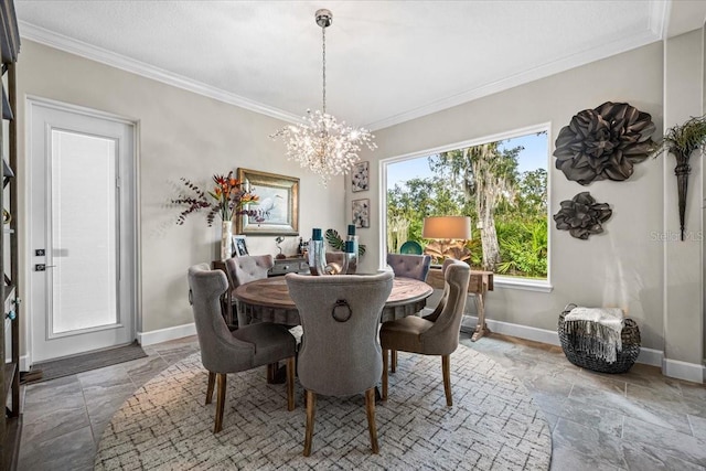 dining space featuring ornamental molding and a chandelier