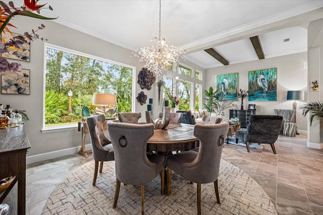 dining area featuring beam ceiling, crown molding, and a notable chandelier