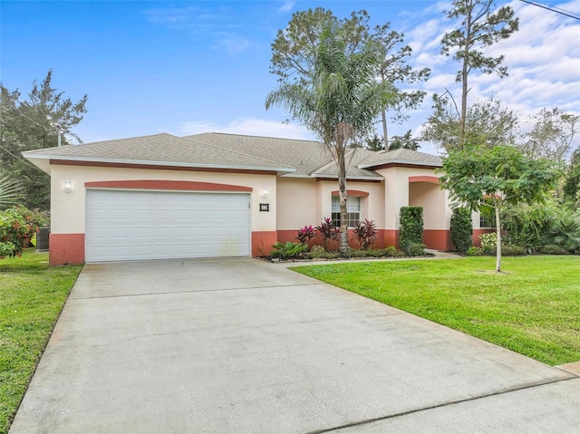 view of front of home featuring central AC unit, a garage, and a front lawn