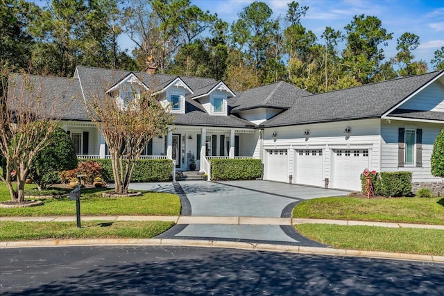 cape cod home featuring a porch, a garage, and a front lawn