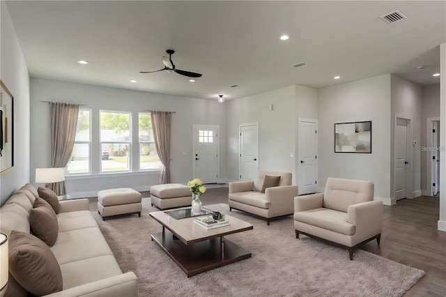 living room with ceiling fan and wood-type flooring