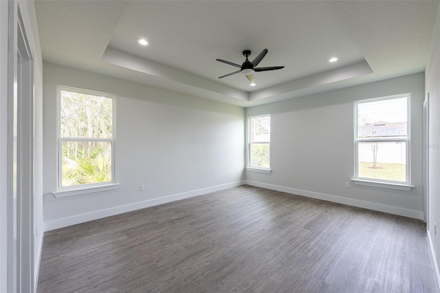 unfurnished room with a raised ceiling, a wealth of natural light, and dark hardwood / wood-style flooring