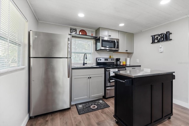 kitchen with stainless steel appliances, a kitchen island, plenty of natural light, and light hardwood / wood-style floors