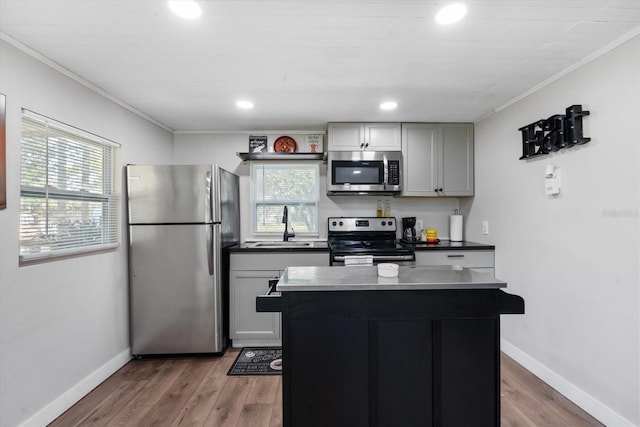 kitchen featuring hardwood / wood-style floors, a kitchen island, sink, and appliances with stainless steel finishes