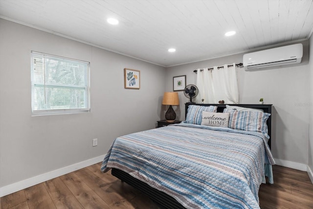 bedroom featuring a wall mounted AC, crown molding, and dark hardwood / wood-style flooring