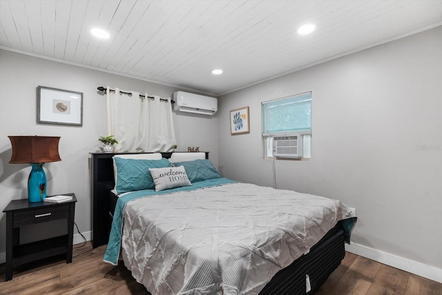 bedroom featuring a wall mounted air conditioner, ornamental molding, cooling unit, wooden ceiling, and dark hardwood / wood-style floors