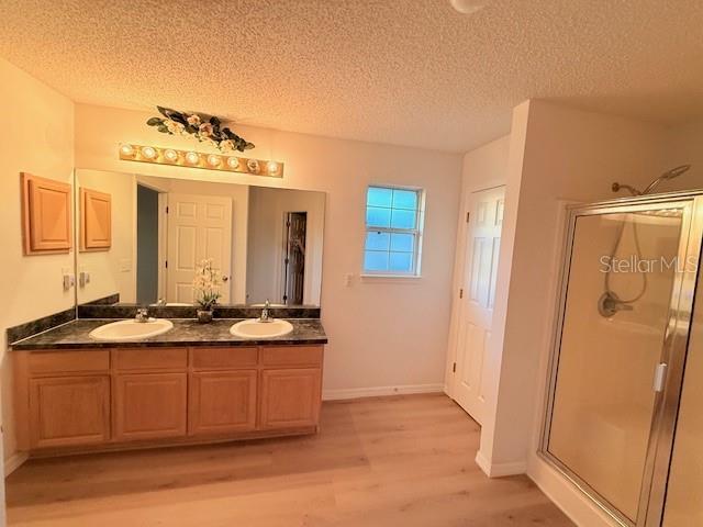 bathroom with hardwood / wood-style floors, vanity, a textured ceiling, and an enclosed shower