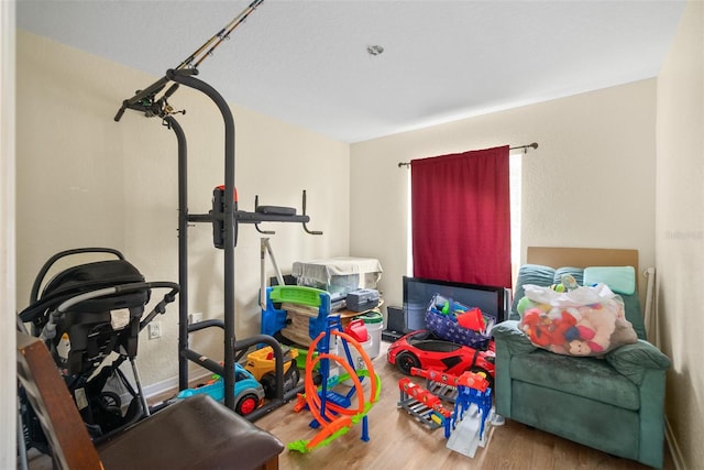 game room with hardwood / wood-style flooring