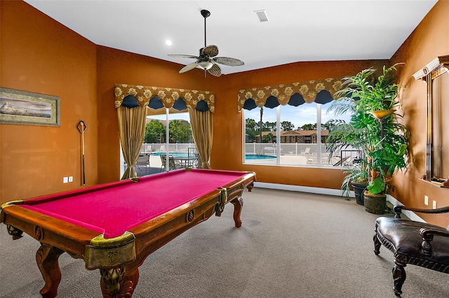 recreation room featuring carpet, vaulted ceiling, ceiling fan, and pool table