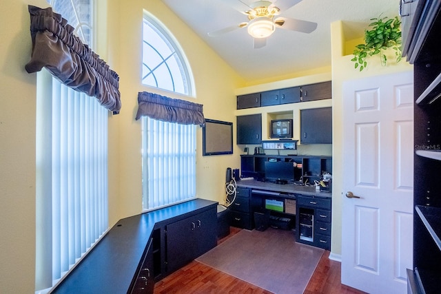 office with ceiling fan, dark hardwood / wood-style flooring, and lofted ceiling