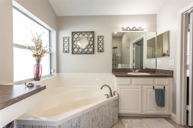 bathroom with vanity and independent shower and bath