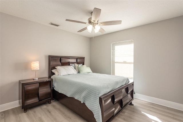 bedroom featuring ceiling fan and light wood-type flooring