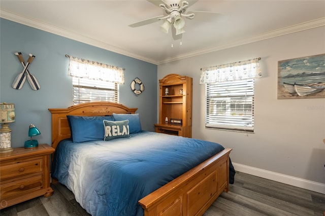 bedroom featuring ceiling fan, dark hardwood / wood-style floors, and ornamental molding