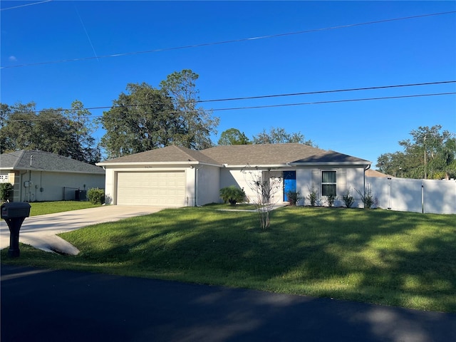 single story home featuring a garage and a front lawn