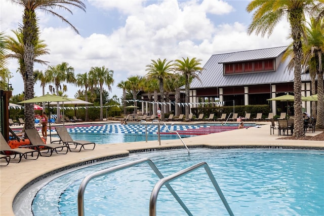 view of swimming pool with a patio area