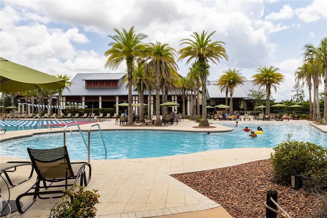 view of swimming pool with a patio area