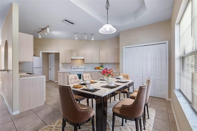 tiled dining area with a tray ceiling, sink, rail lighting, and a textured ceiling