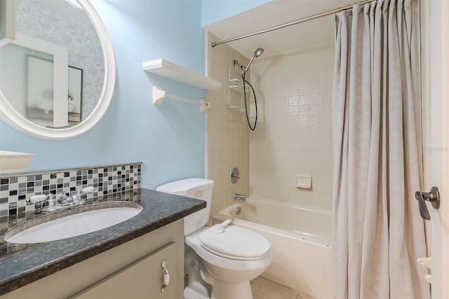 bathroom with shower / bathtub combination with curtain, backsplash, vanity, and toilet