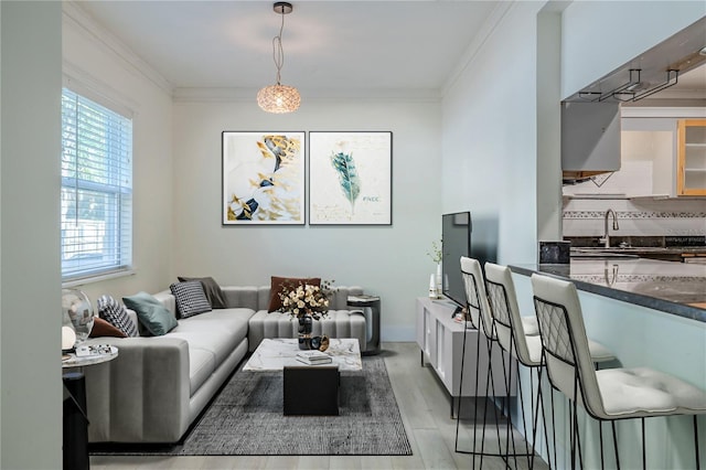 living room with light wood-style flooring and crown molding