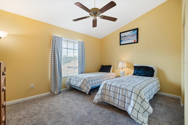 bedroom featuring carpet flooring, ceiling fan, and lofted ceiling