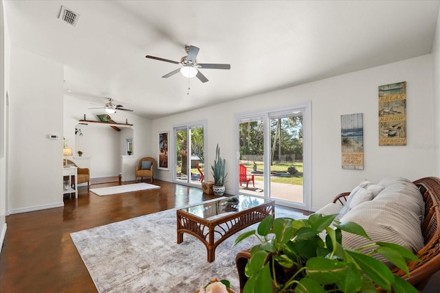 living room with ceiling fan